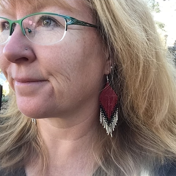 Deep Red and Silver Beaded Earrings with Fringe, New, Handmade by Me - Picture 9 of 9